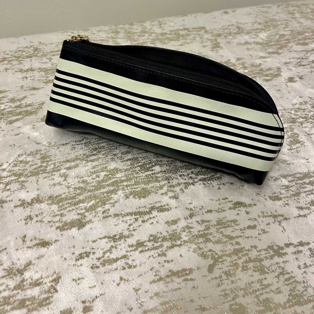 kate spade Black and White Striped Makeup Pouch with Gold Zip - Picture 2 of 5